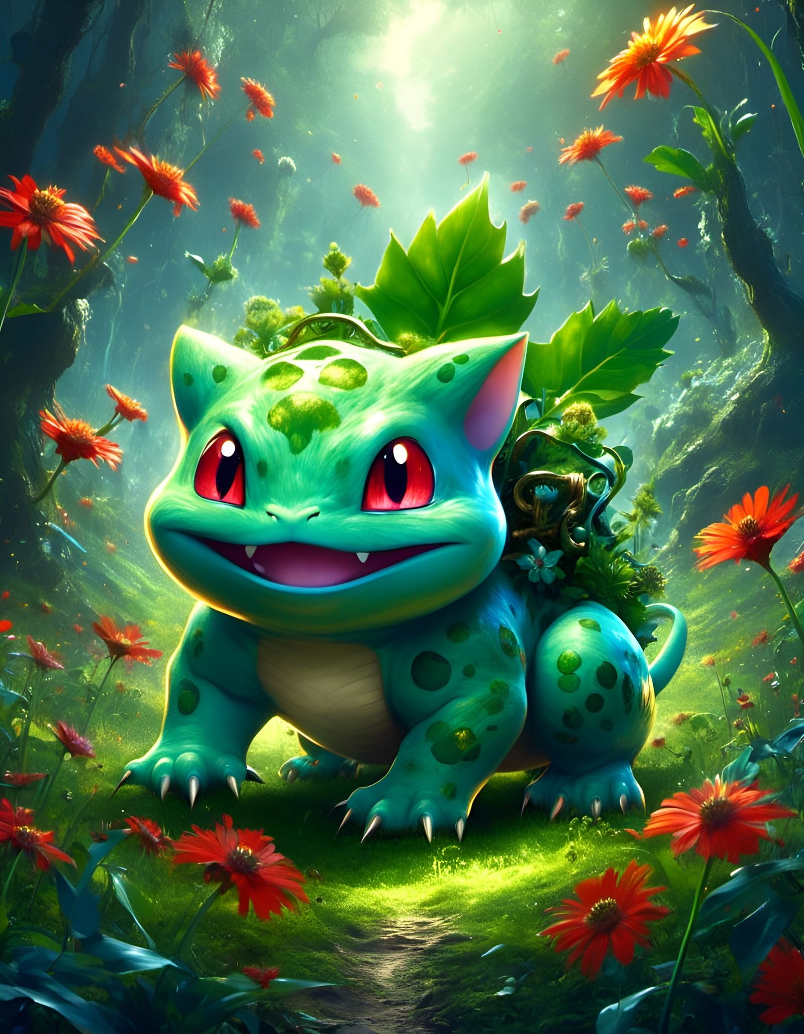 Green Bulbasaur Pokemon in Digital Art Style