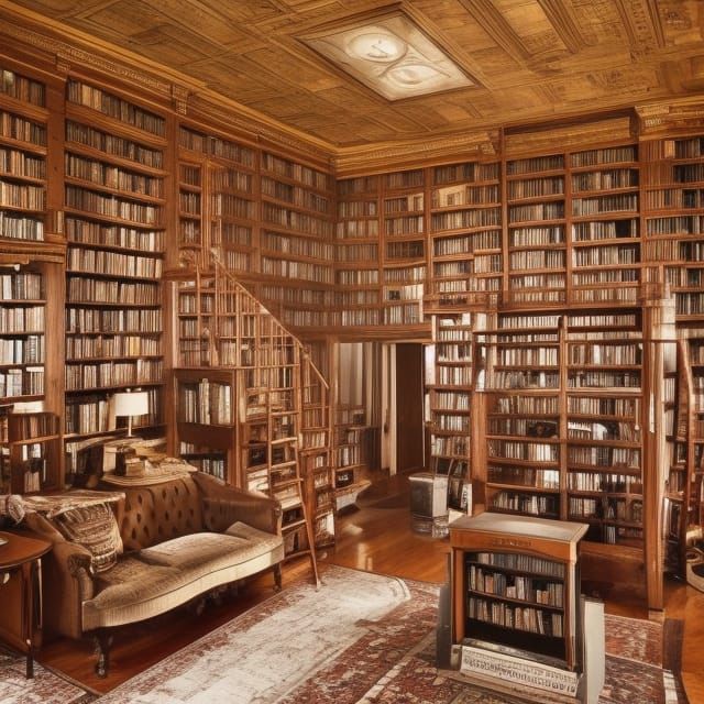 Cozy Library Scene with Steaming Coffee