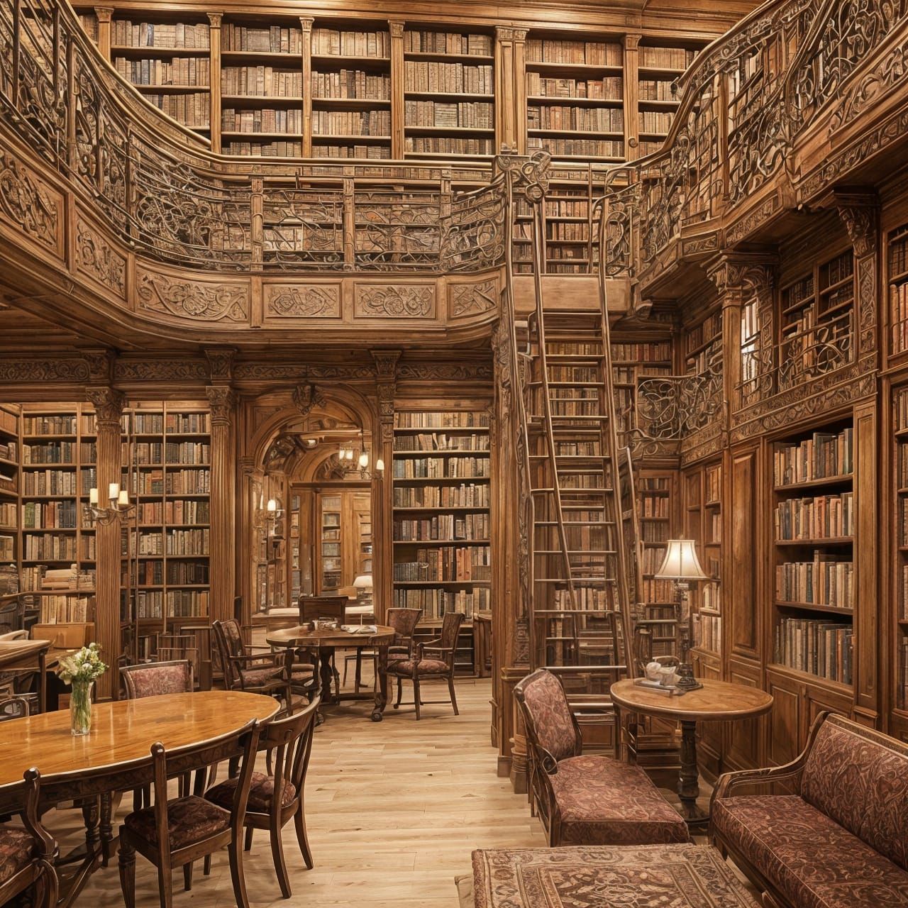 Intricately Detailed Cozy Library with Coffee