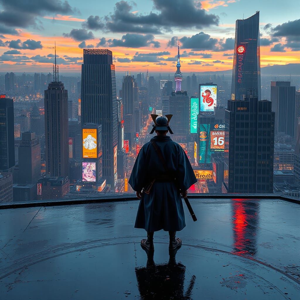 Samurai Warrior Overlooking Neon Cityscape at Dusk
