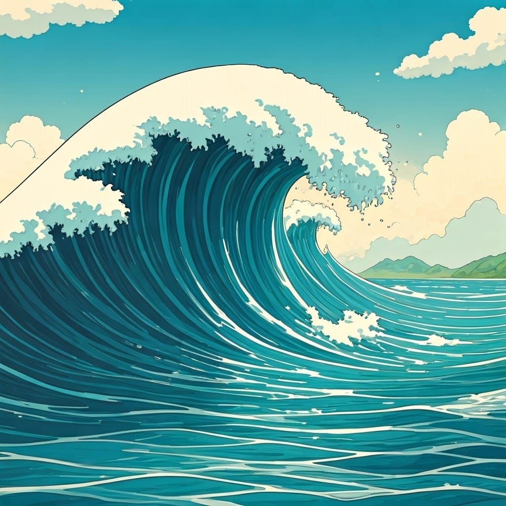 Whimsical Tsunami in Watercolor Cartoon