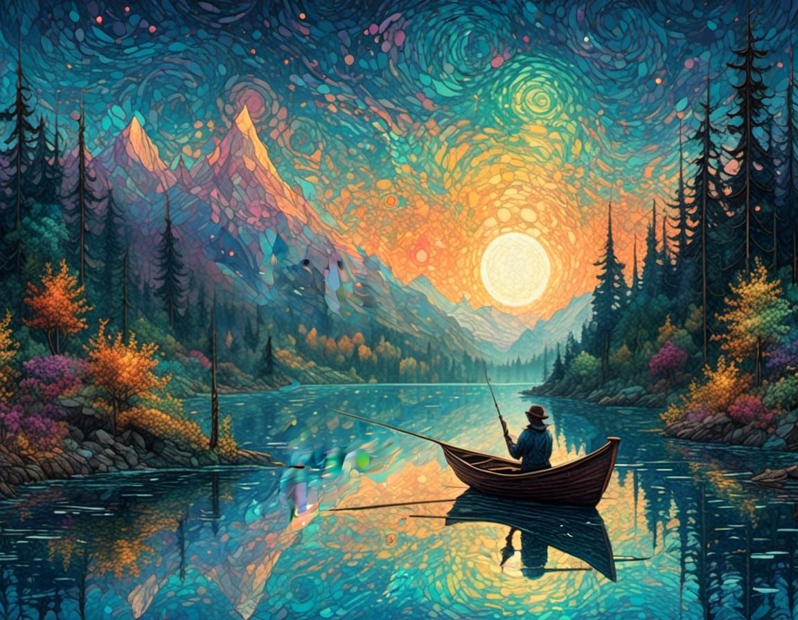 Whimsical Fishing Scene at Misty Blue Hour