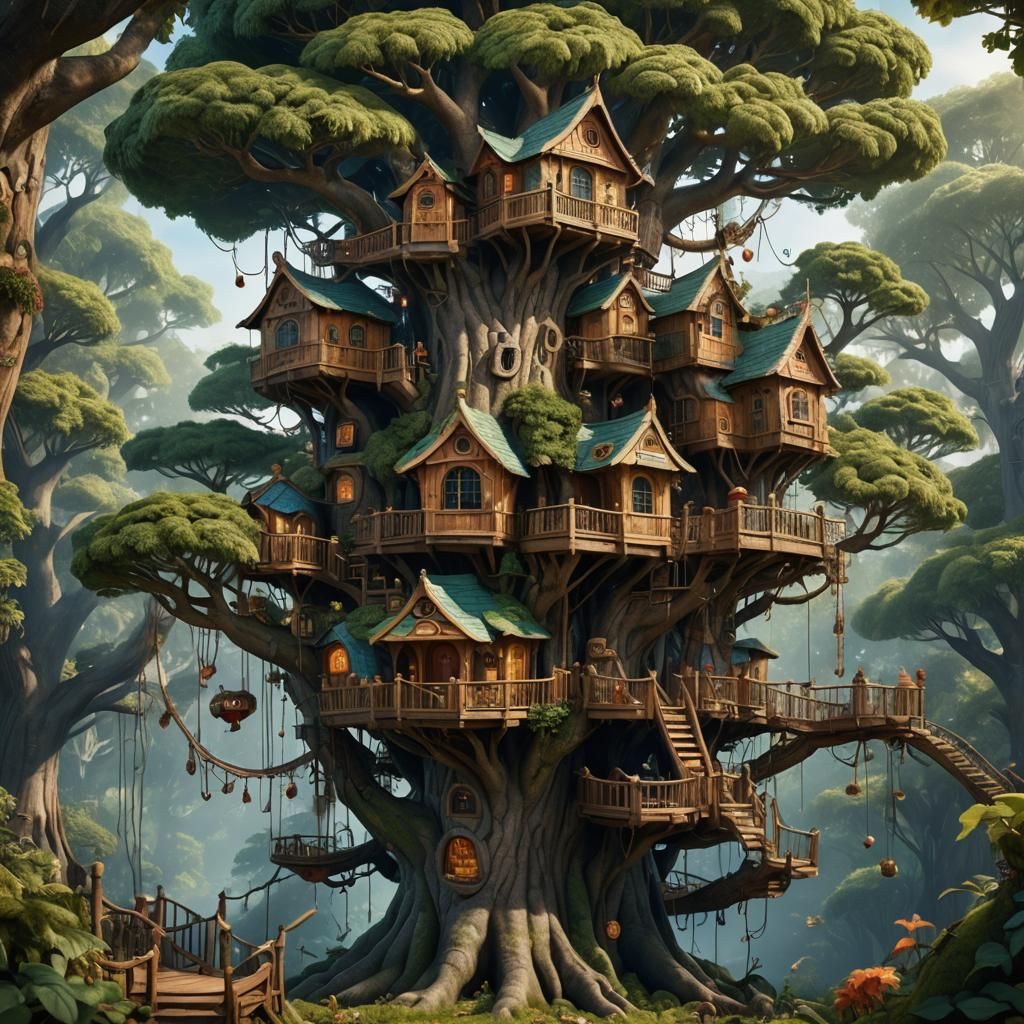 Extravagant Treehouse with Woodland Creatures in Matte Paint...