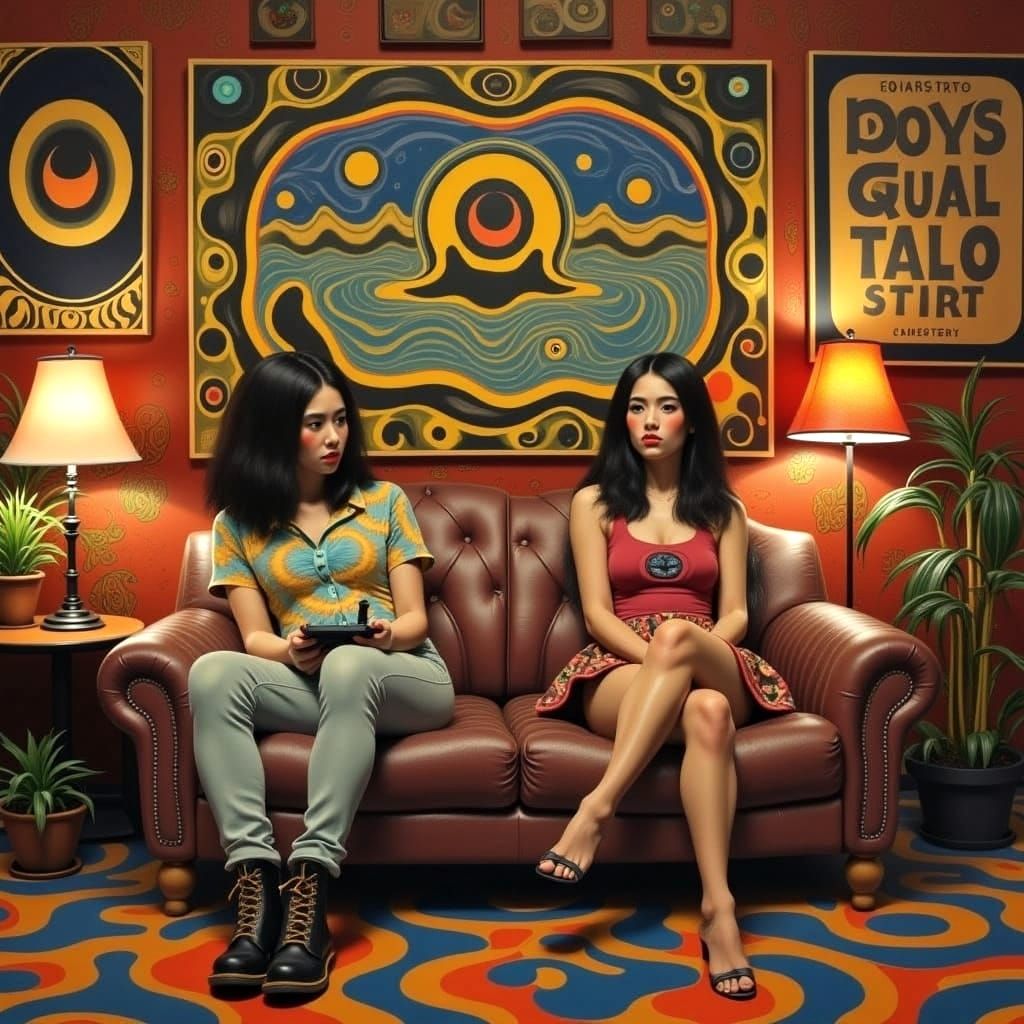 Relaxed Hippies in 1970s Basement