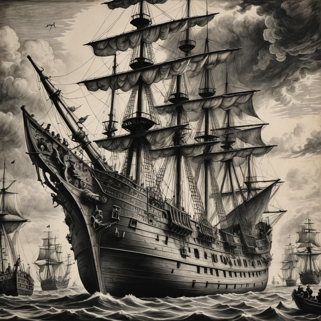 16th Century Ship: Detailed Charcoal Drawing