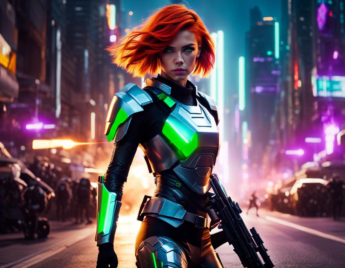 Futuristic Warrior in Sci-Fi Cityscape