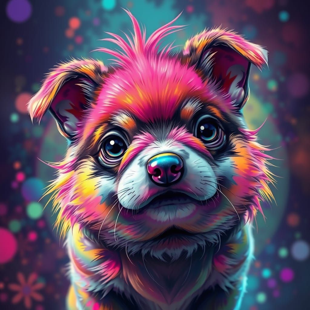Curious Alien Dog with Iridescent Fur in Splash Art Style