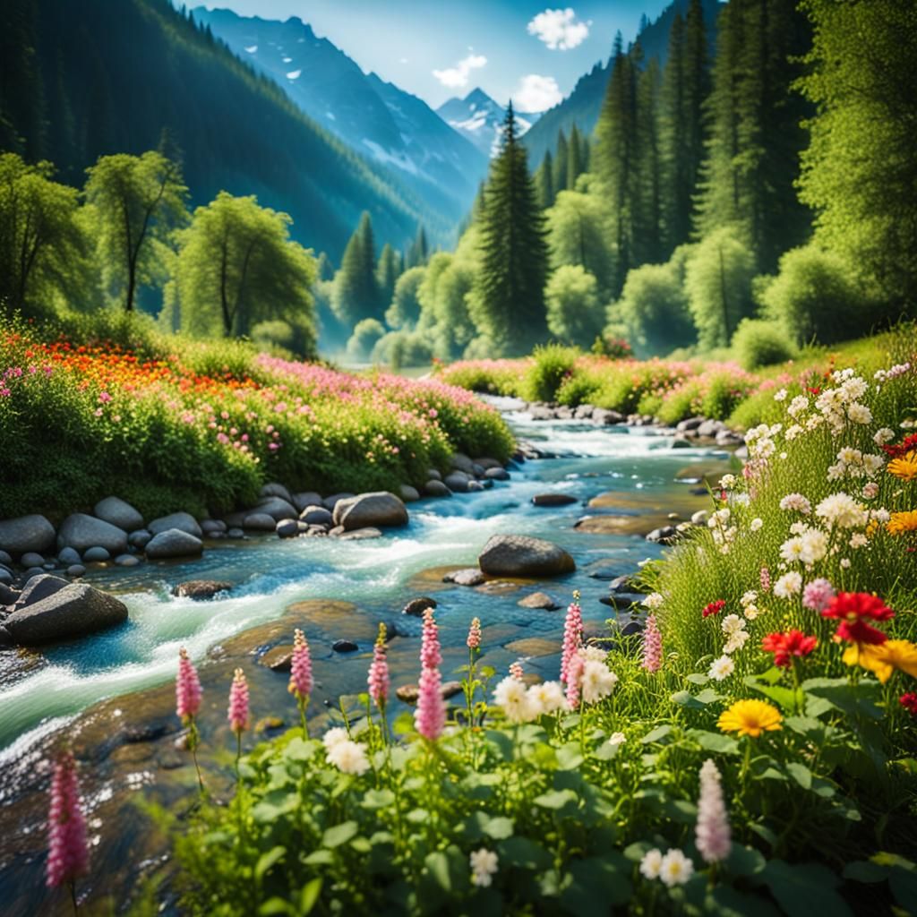 Dreamlike River Landscape with Flowers in Magic Realism