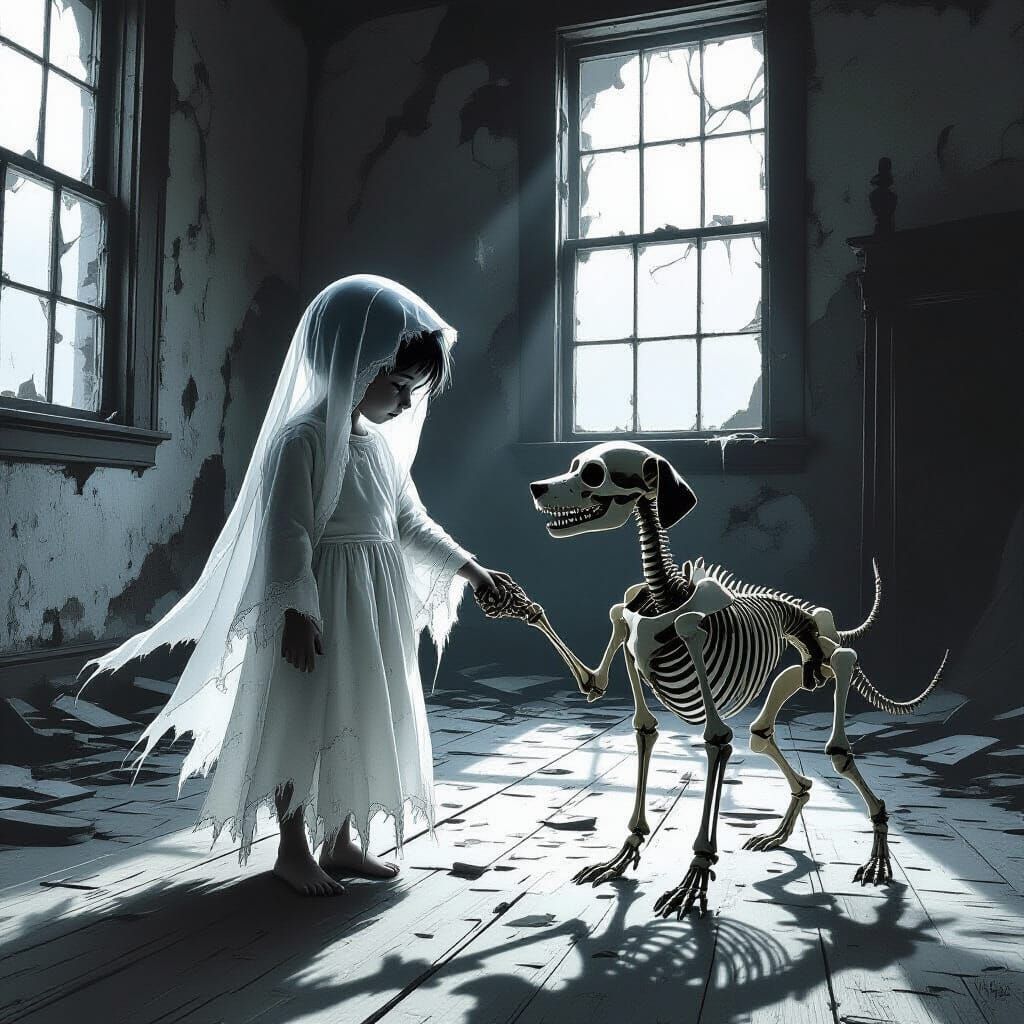 Ghostly Child Holds Hands With Skeletal Dog in Ruined Room