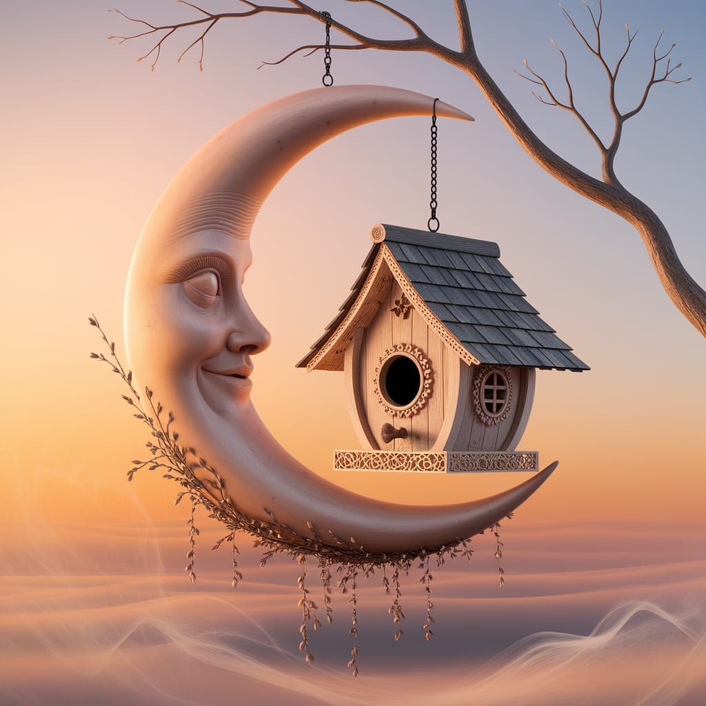 Magical Crescent Moon Birdhouse at Sunset