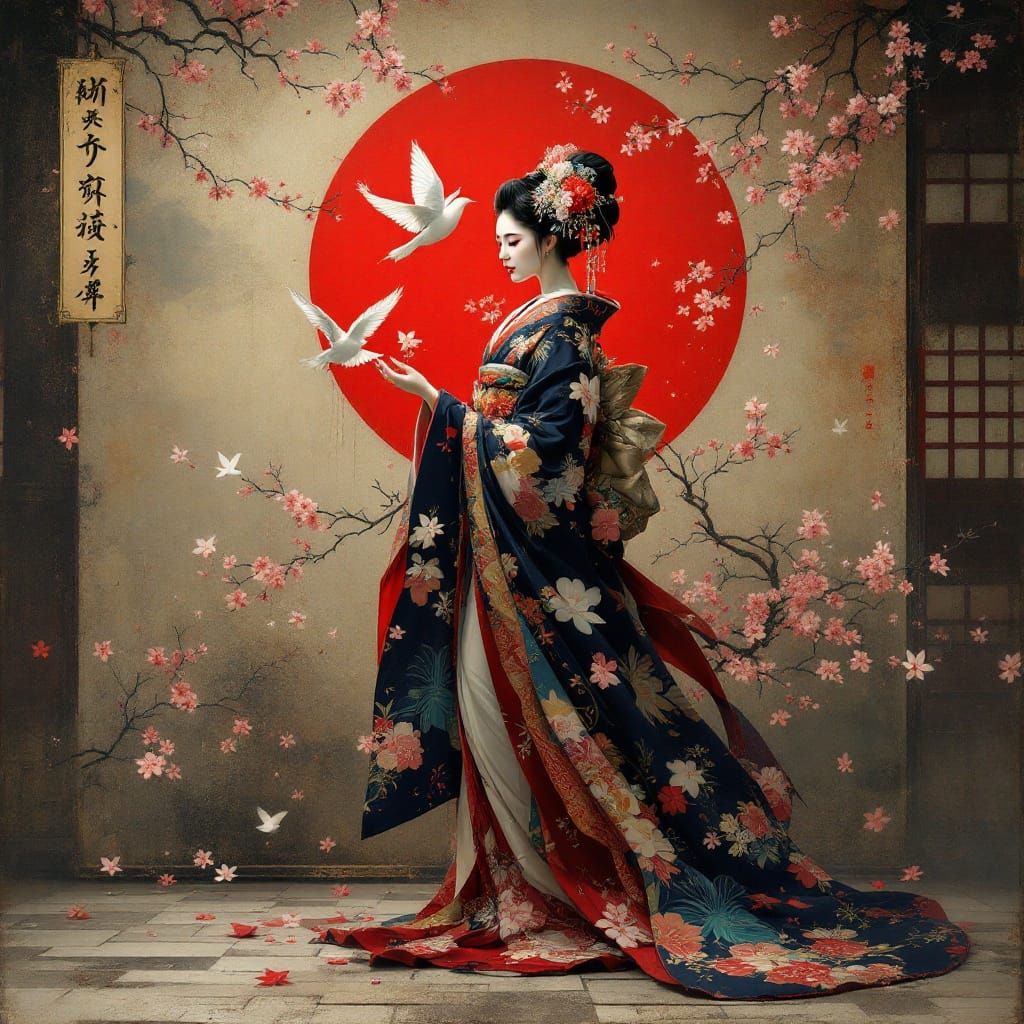 Elegant Geisha in Distressed Vintage Setting