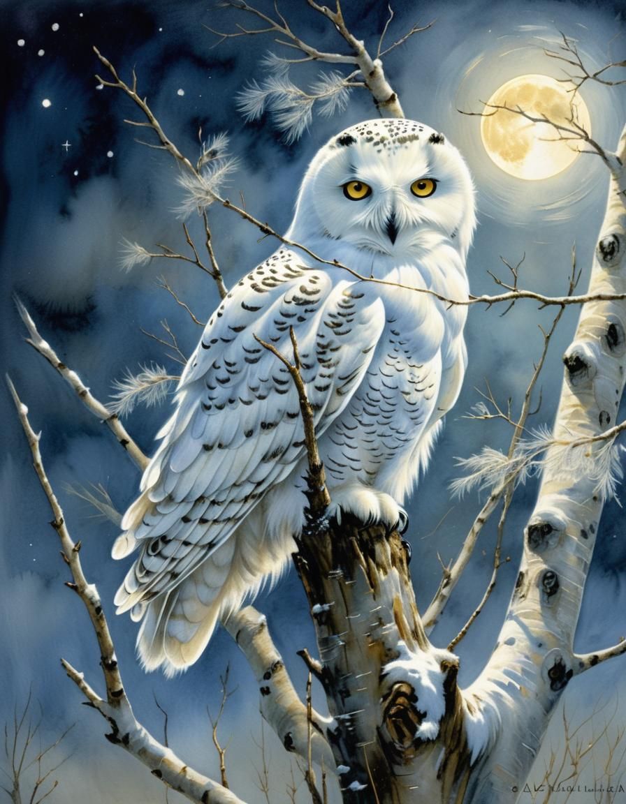 Snowy Owl in Moonlight: Mystical Realism