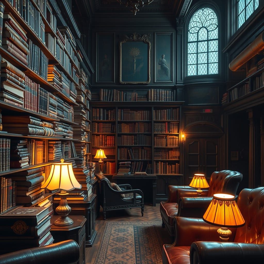 Mystical Library in Warm, Golden Light
