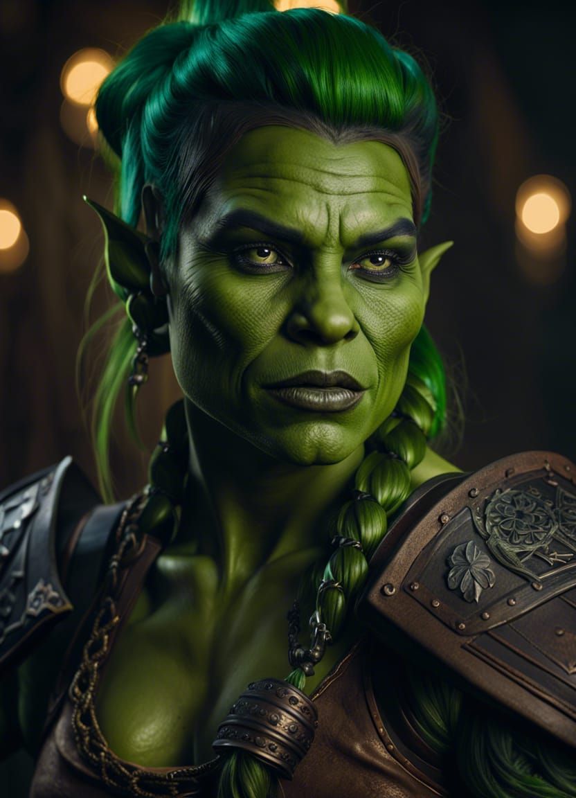 Friendly Merchant Orc Woman Portrait in Dark Fantasy Style