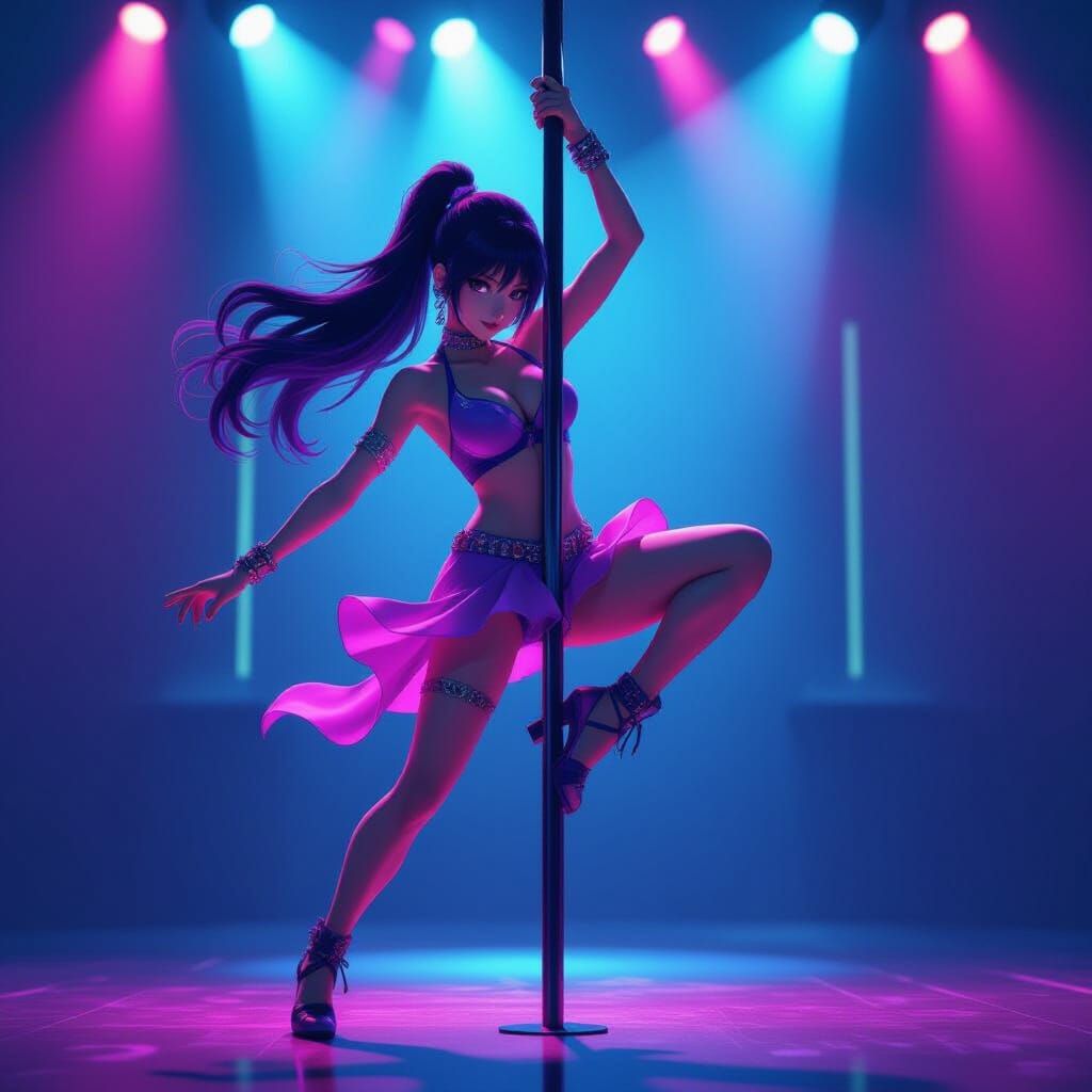 Anime Pole Dancer in Neon Lights - 3D Art Style