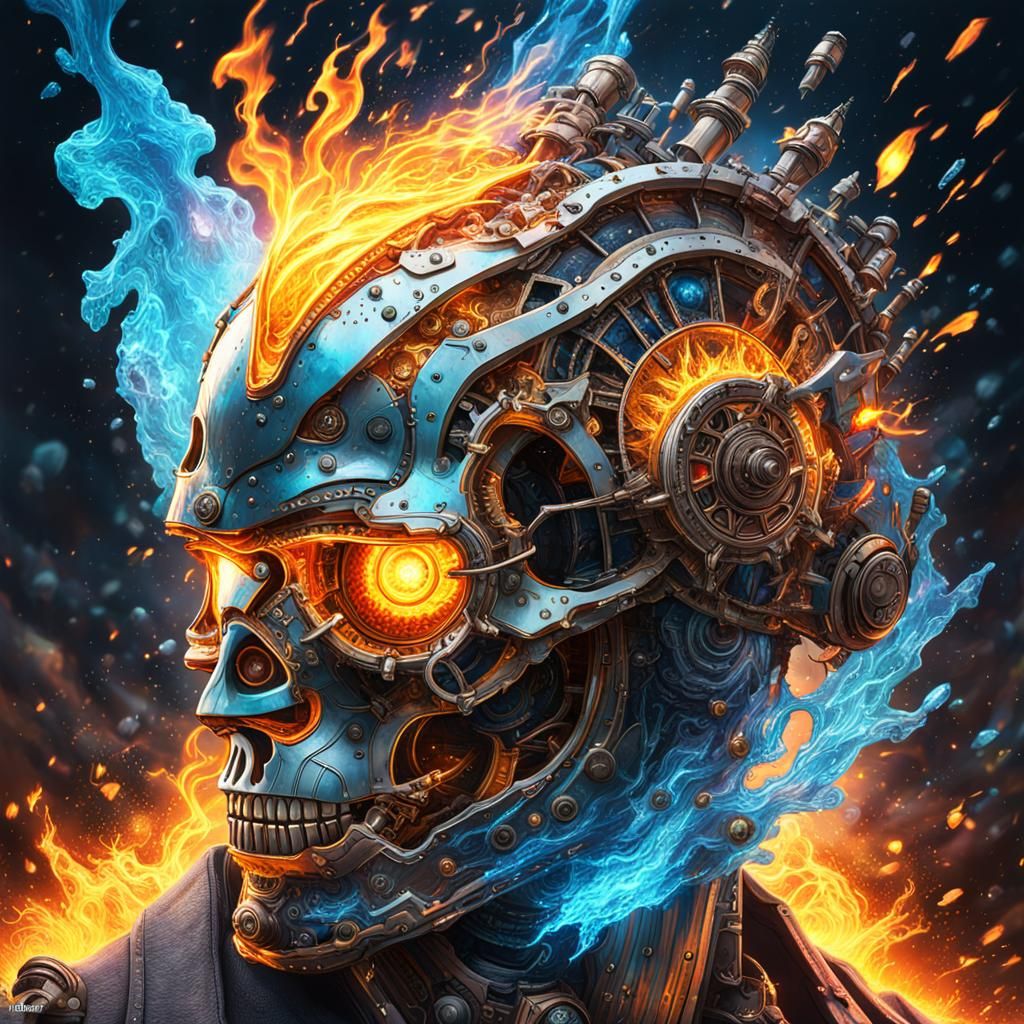 Steampunk Abstract with Fire, Ice and Lightning