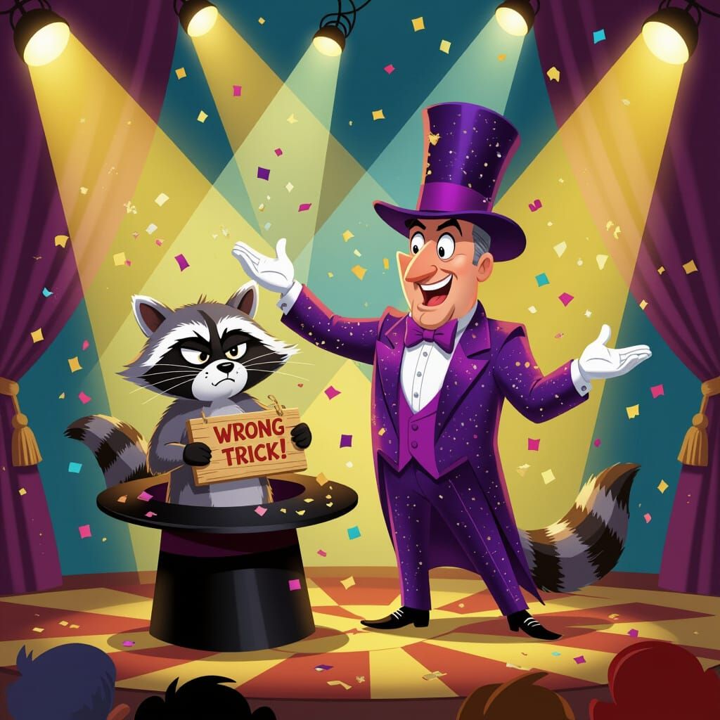 Magician Pulls Grumpy Raccoon from Hat in Cartoon Style