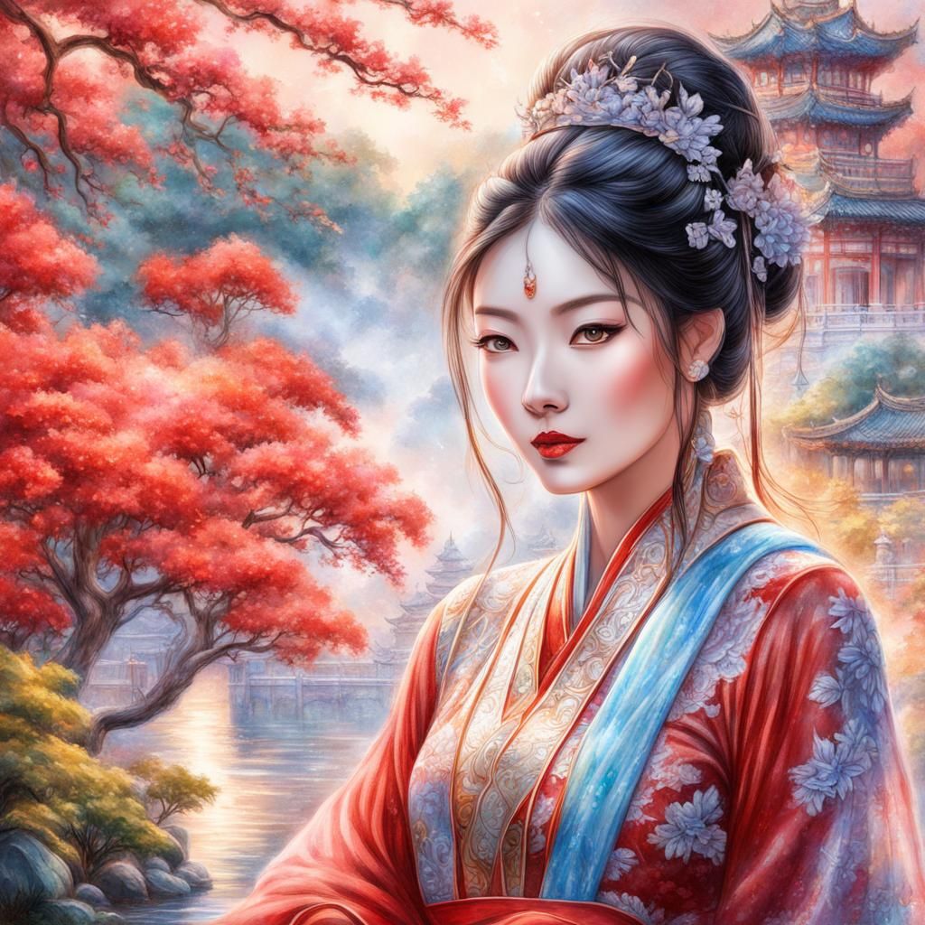 Pencil Sketch of a Beautiful Asian Woman in a Red dress