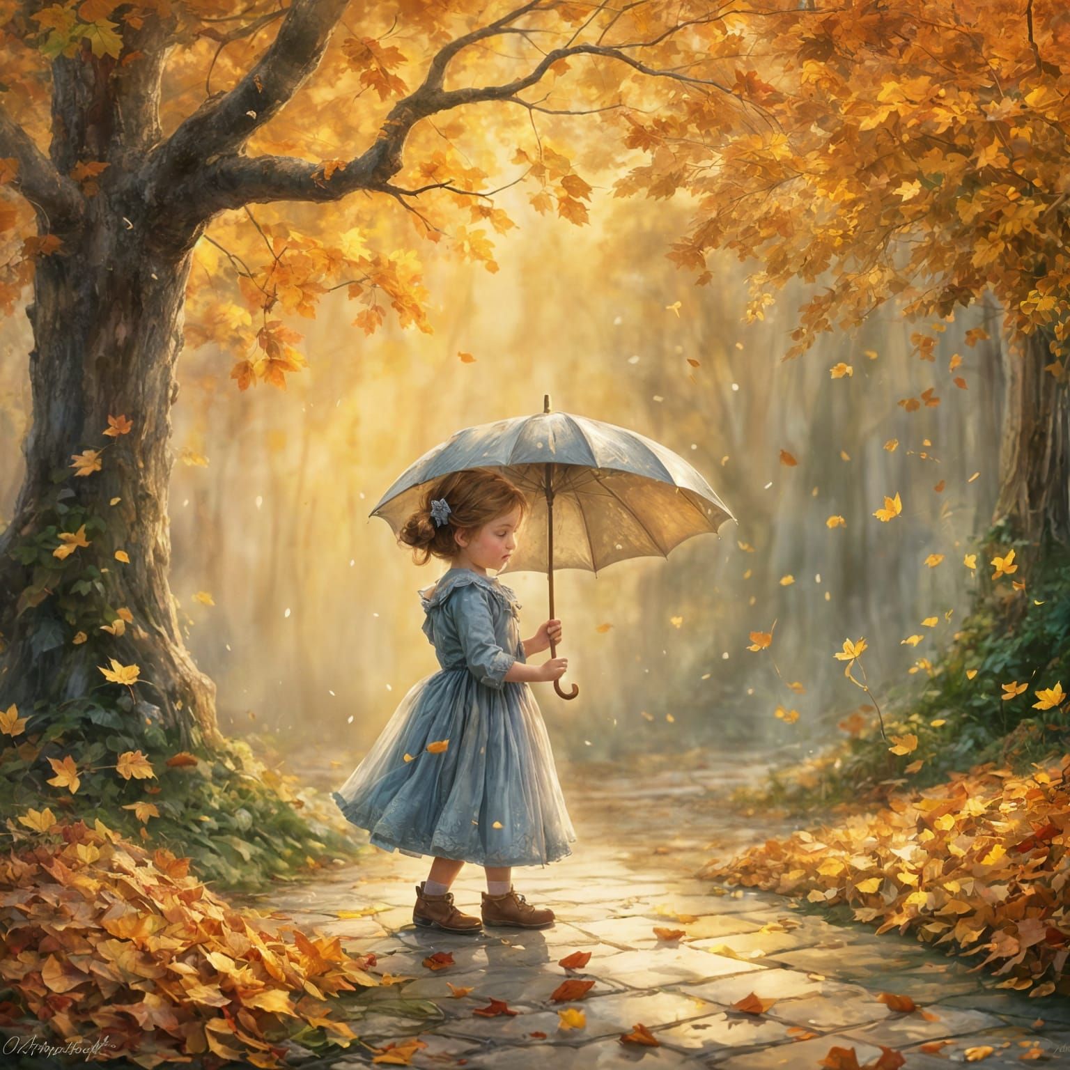 Whimsical Mouse Dances Under Tiny Umbrella in Autumn Rain