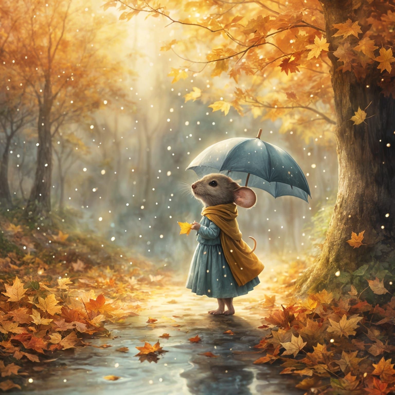 Whimsical Mouse Dancing Under Gentle Rain in Autumn