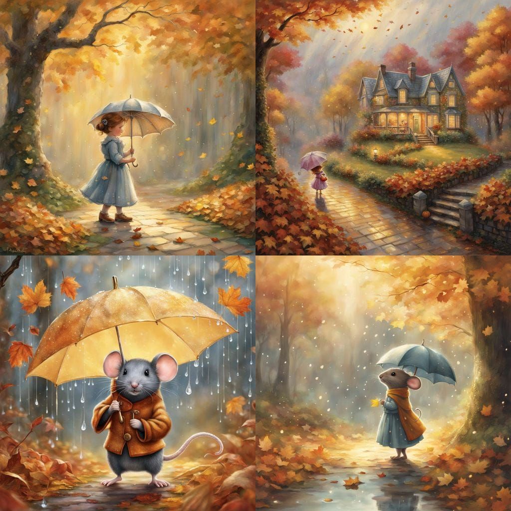 Whimsical Mouse Dances with Umbrella Amidst Autumn Rain