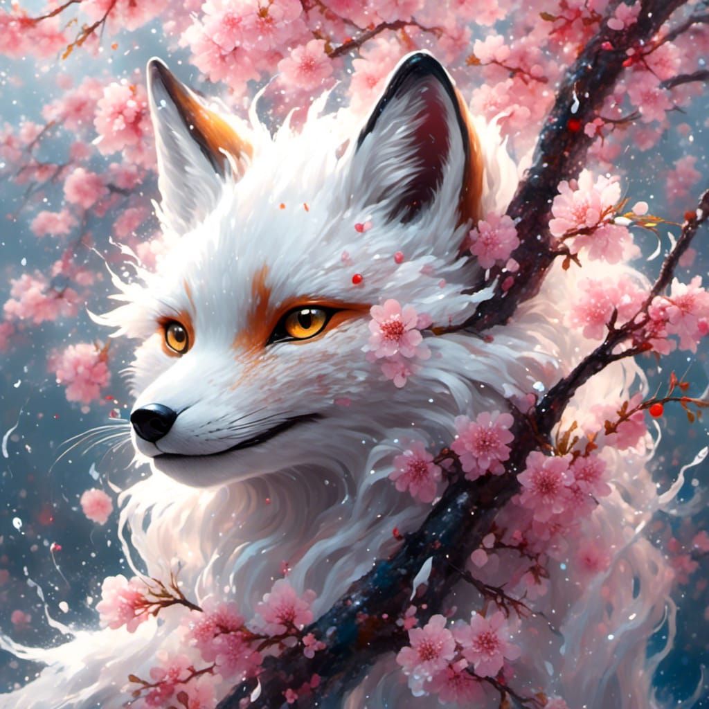 Cyberpunk Nine-Tailed Fox with Cherry Blossoms