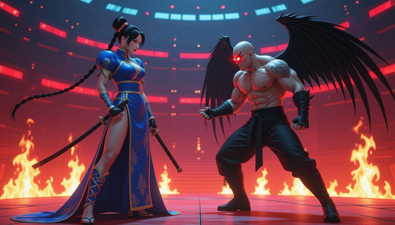 Chun-Li vs. Vampiric Ken in Neon Arena