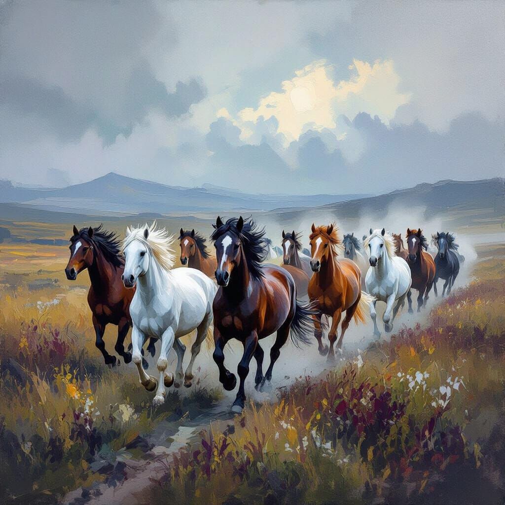 Herd of Icelandic Horses Galloping in Prairie