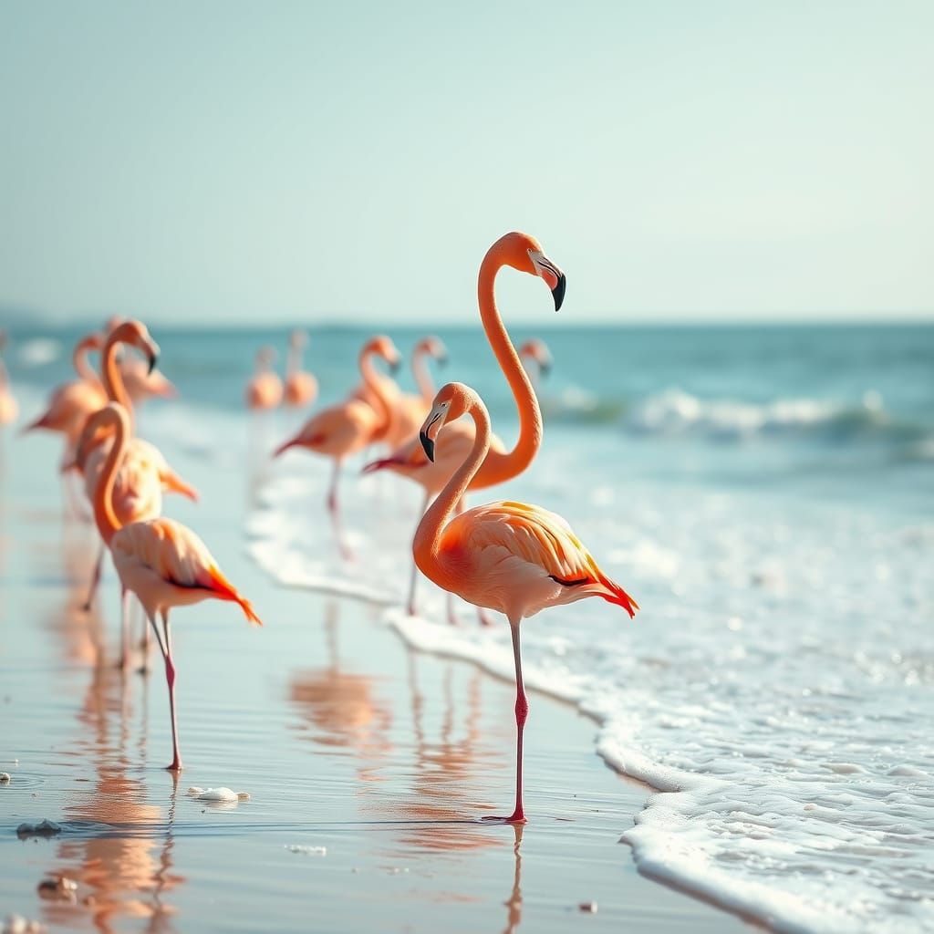 Vibrant Flamingos in Dreamy Beach Scene