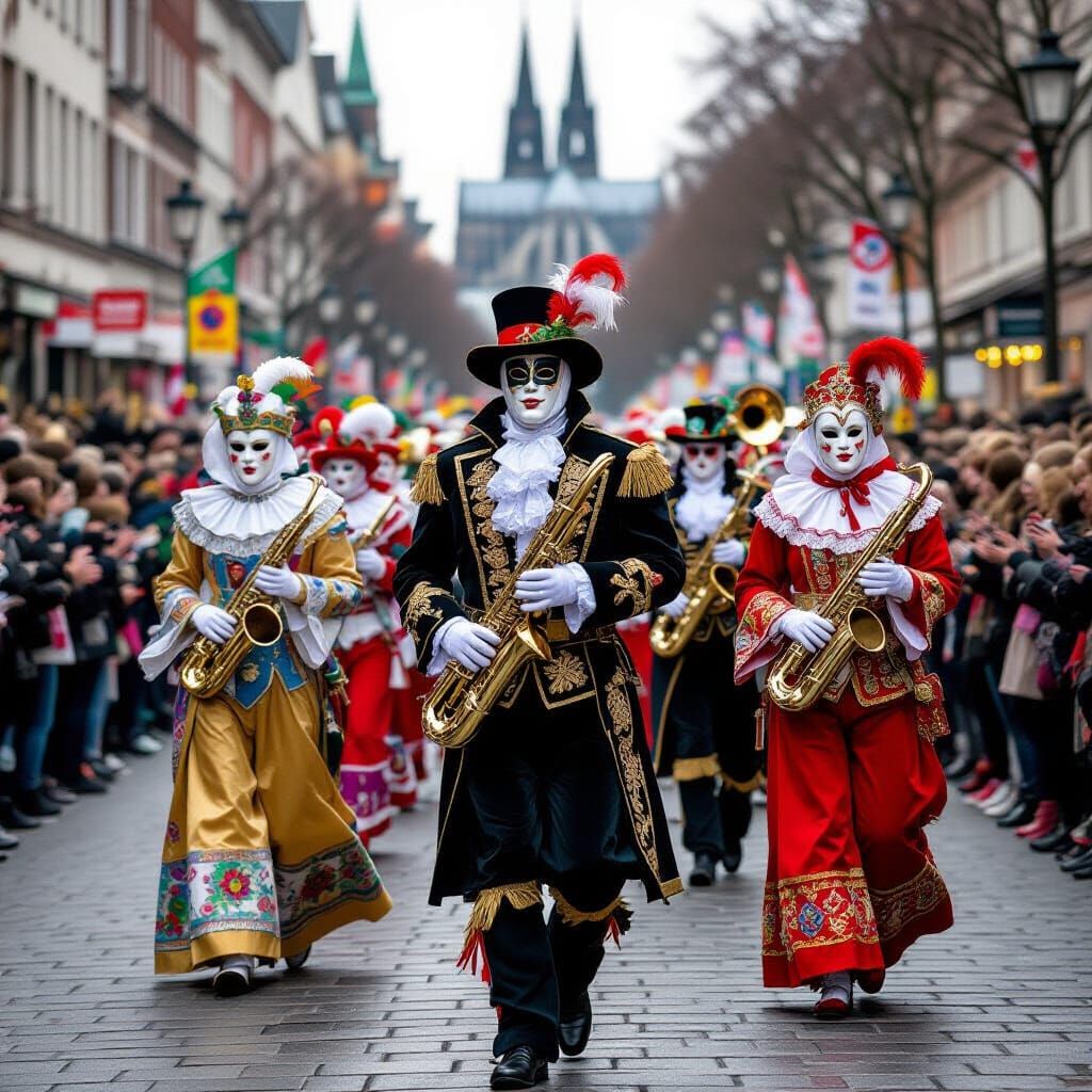 Carnival Celebration in Cologne with Masked Crowds and Brass...