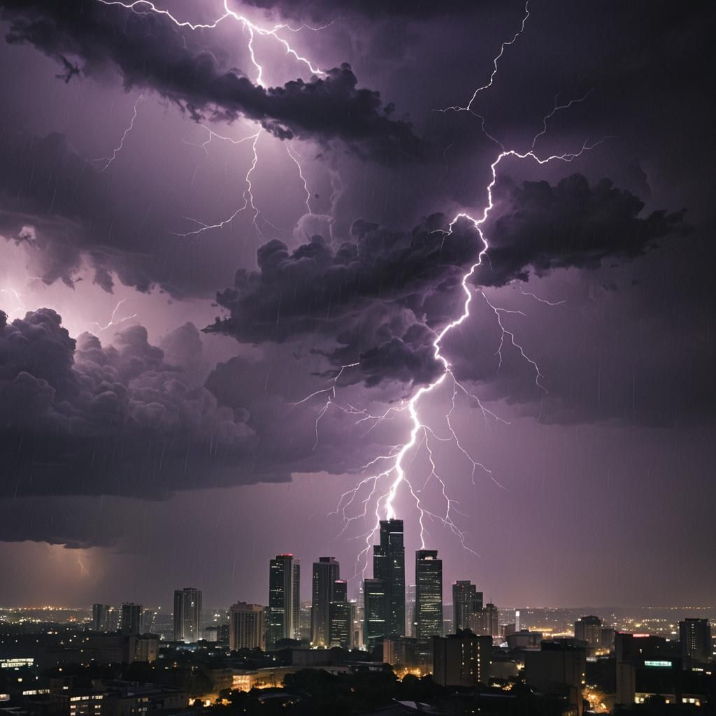 Stormy Night Cityscape with Lightning Strike