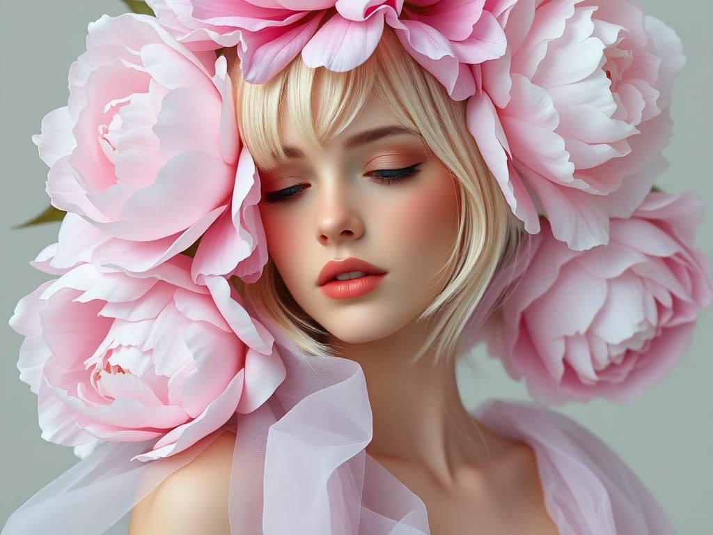 Dreamy Goddess with Pastel Peonies in Art Nouveau Style