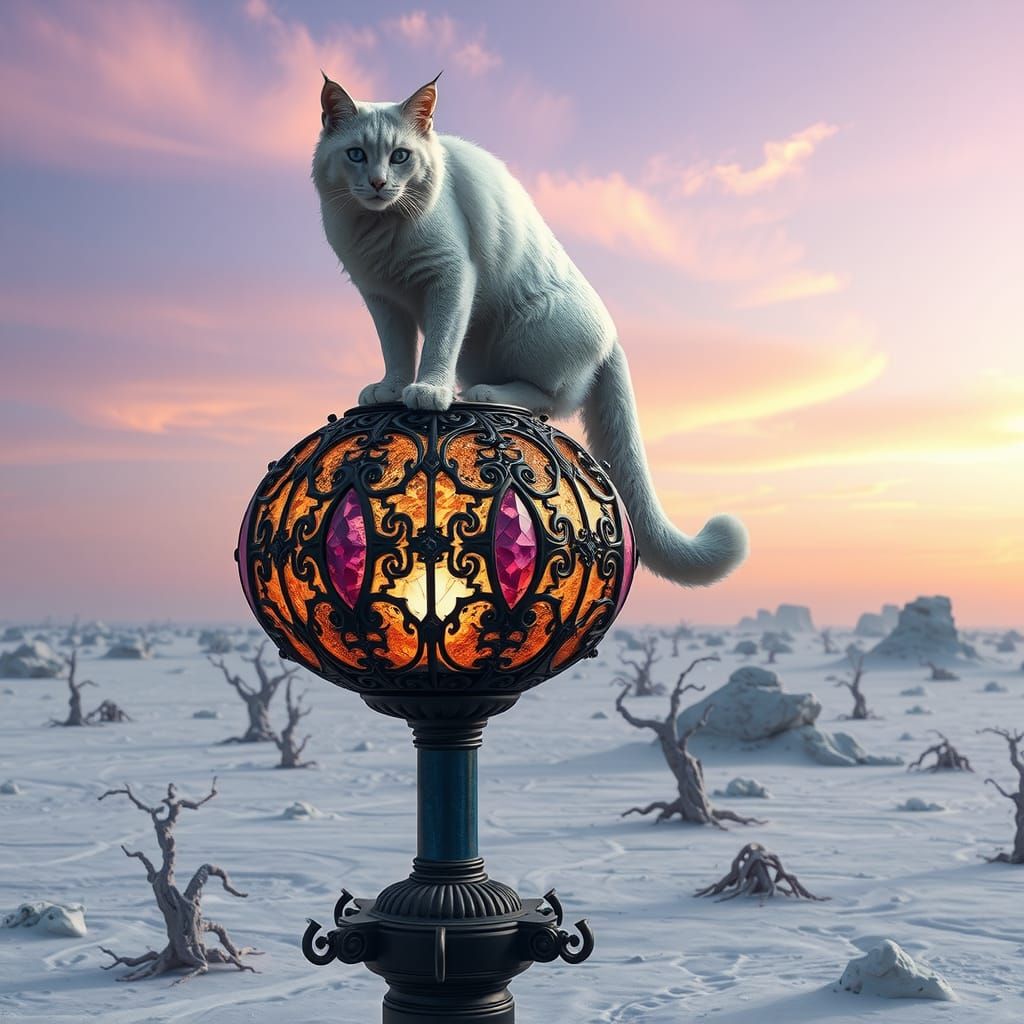 White Caracal on Ornate Lantern in Barren Landscape
