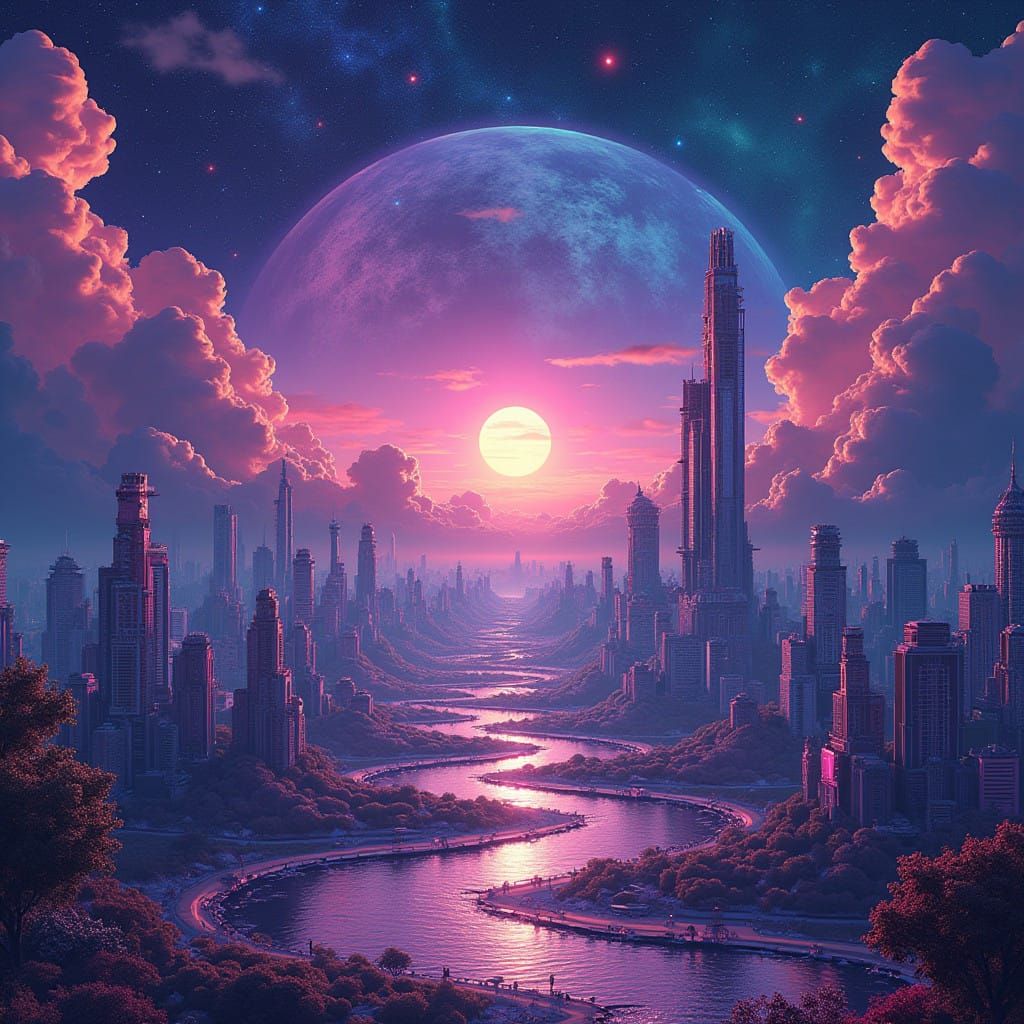 Futuristic Cityscape in Vibrant Neon Hues