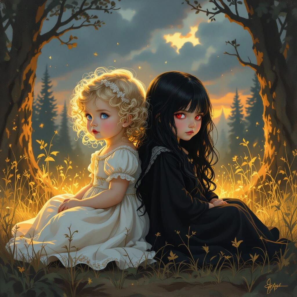 Two Heavenly Baby Girls in Dark Fantasy Style