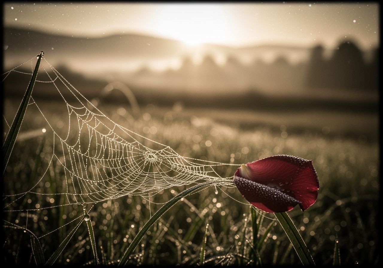 Dreamlike Sunrise Landscape with Shimmering Spiderwebs and R...