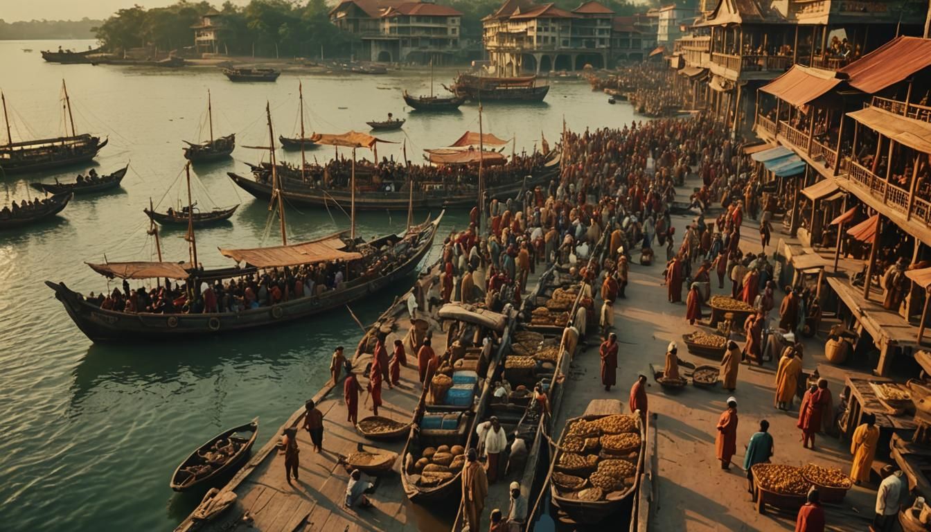 Bustling Srivijaya Trading Center at Golden Hour