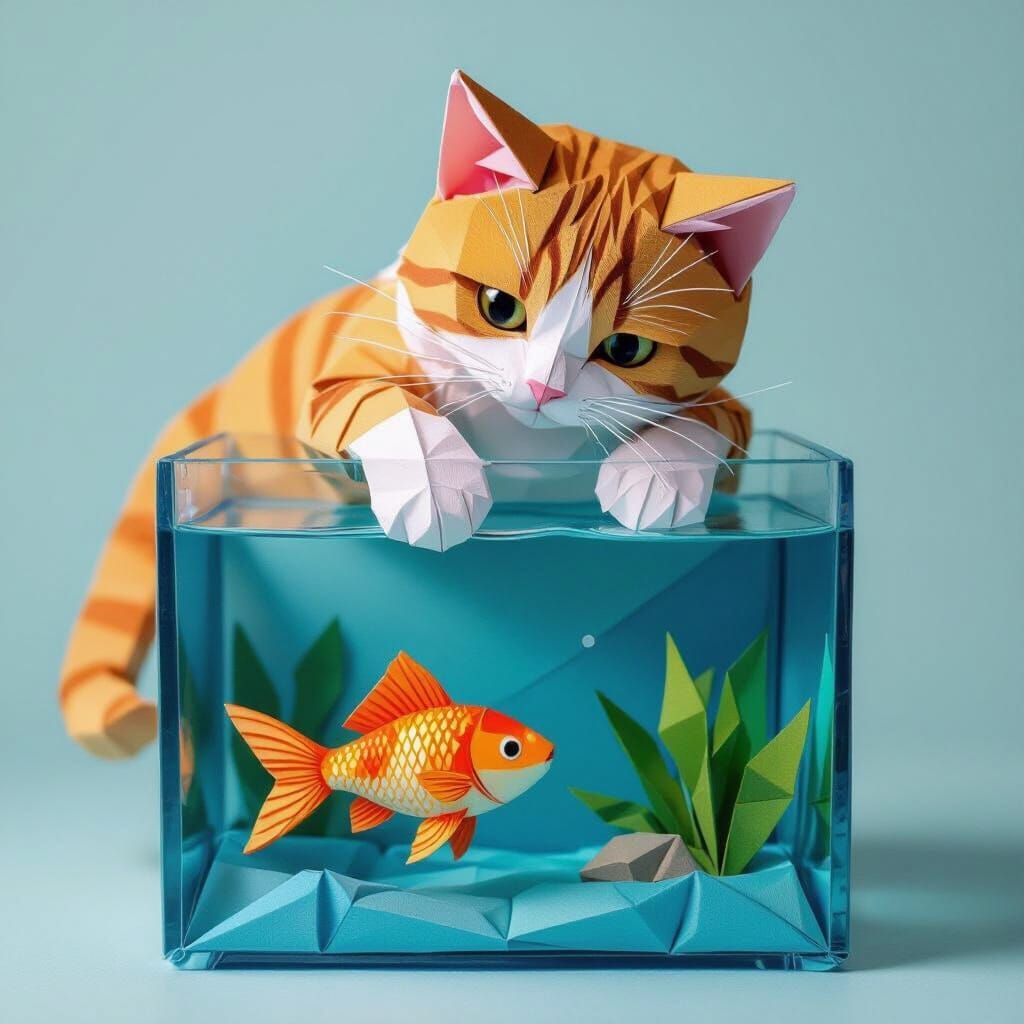Origami Cat Reaching for Fish in Aquarium