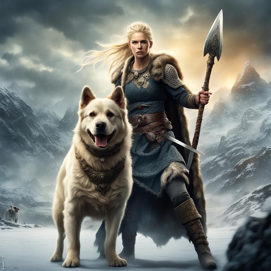 Warrior Woman and Dog-Human Creature Ready for Battle