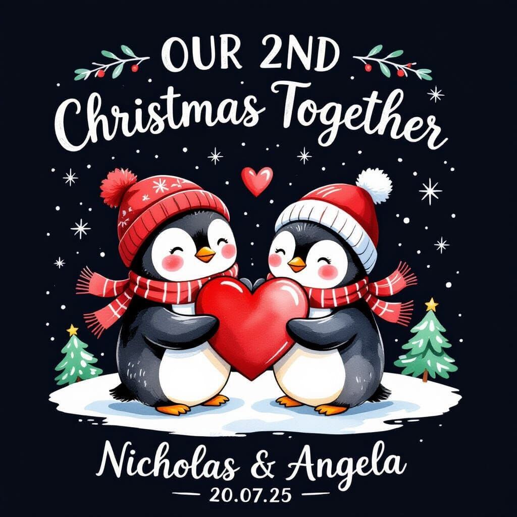 Heart-Shaped Christmas Design with Penguins in Watercolor