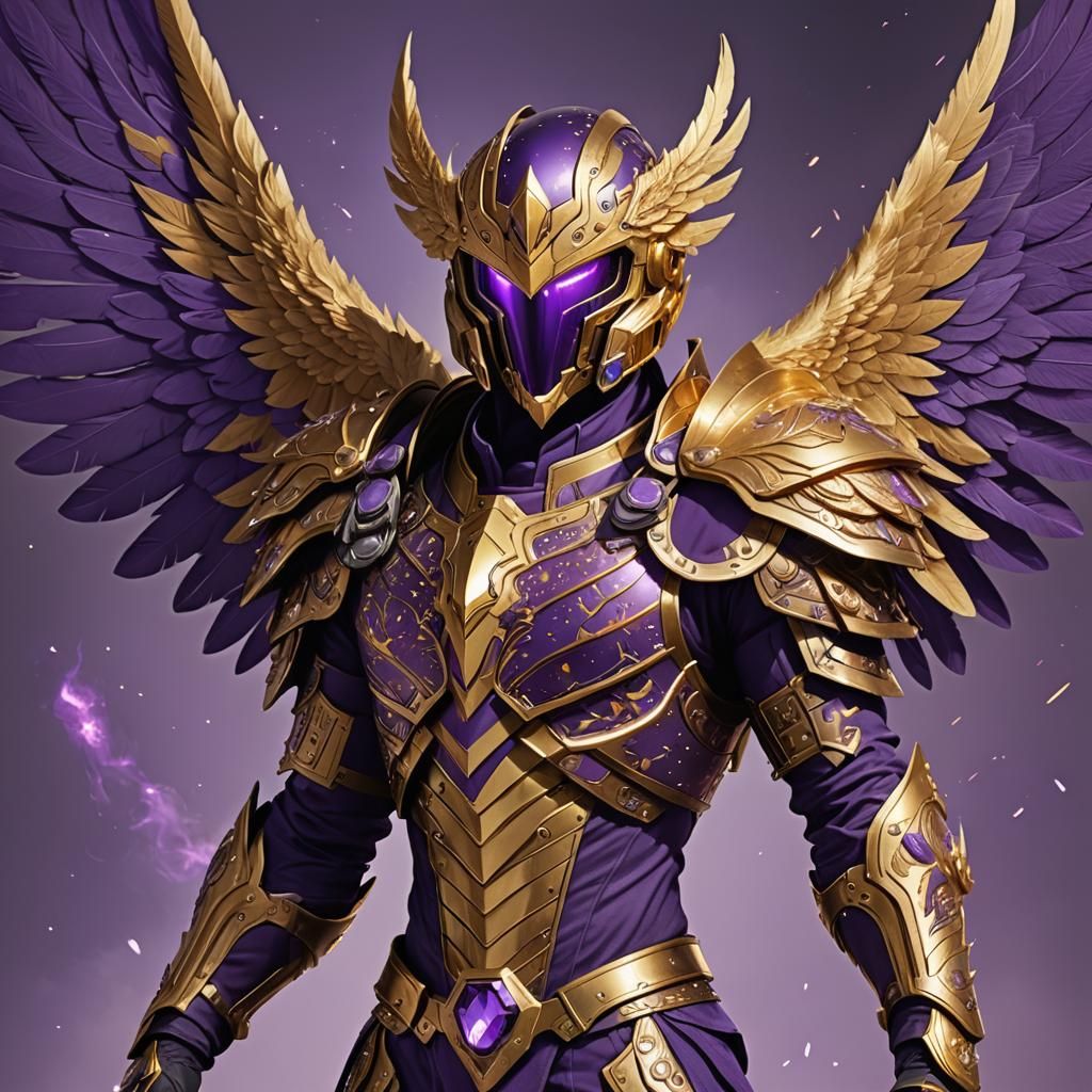 Cosmic Entity with Golden Armor and Purple Wings