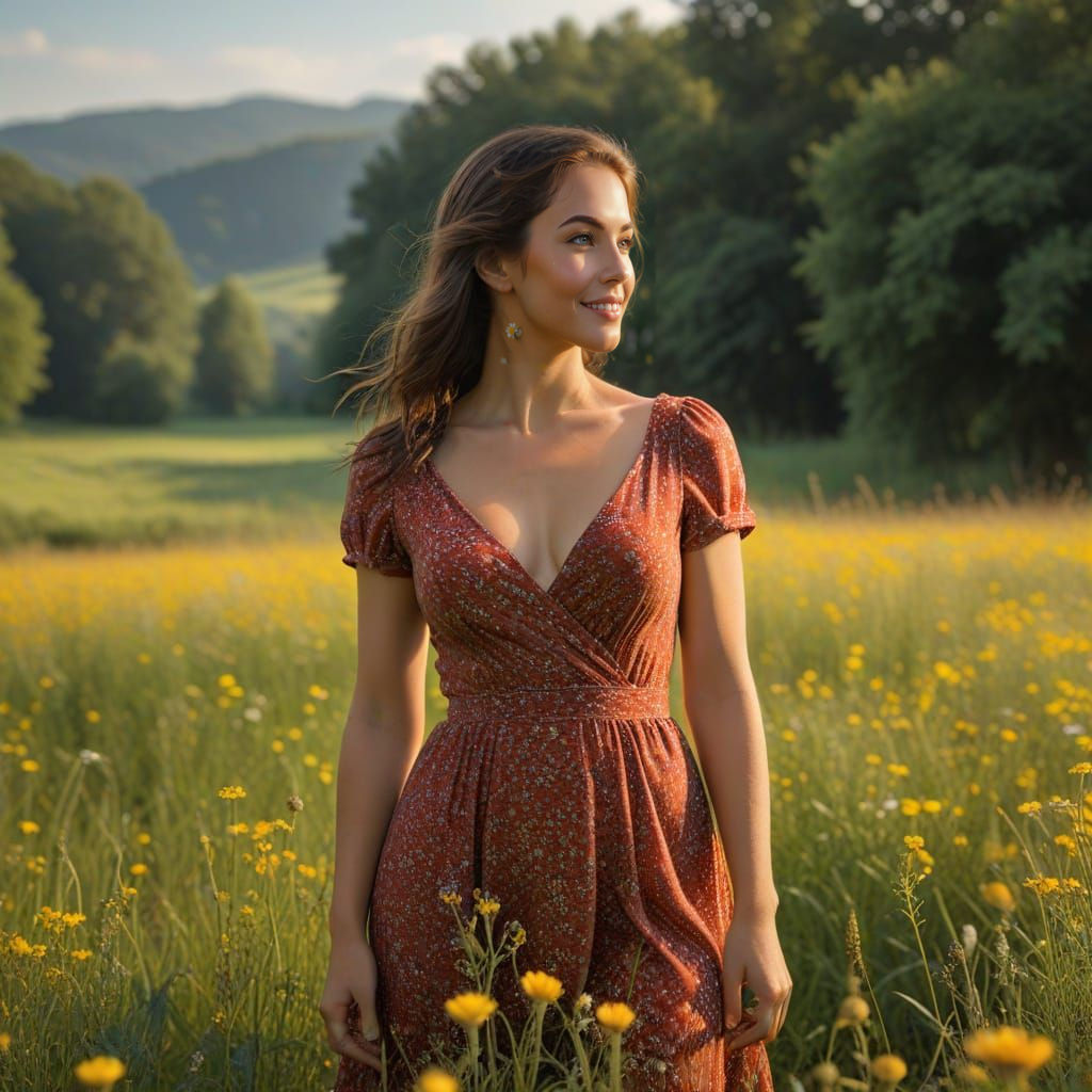Hyperrealistic Portrait of Woman in Meadow