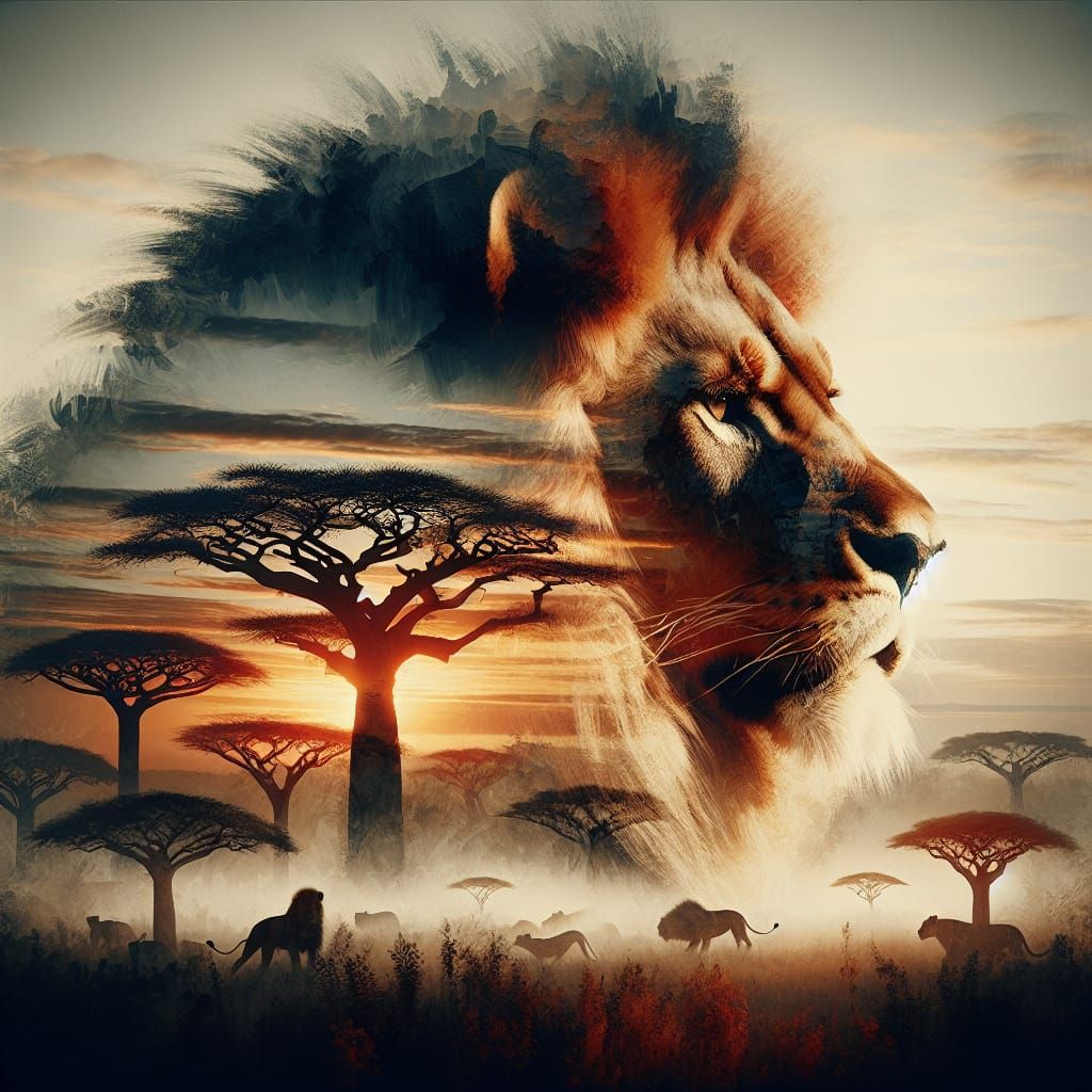 Lion Pride in Neo-Impressionist Double Exposure