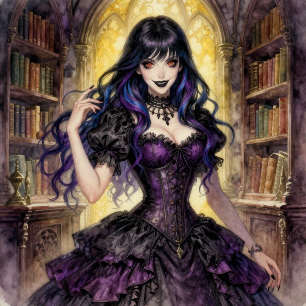 Gothic Romantic Woman in Library Watercolor Masterpiece