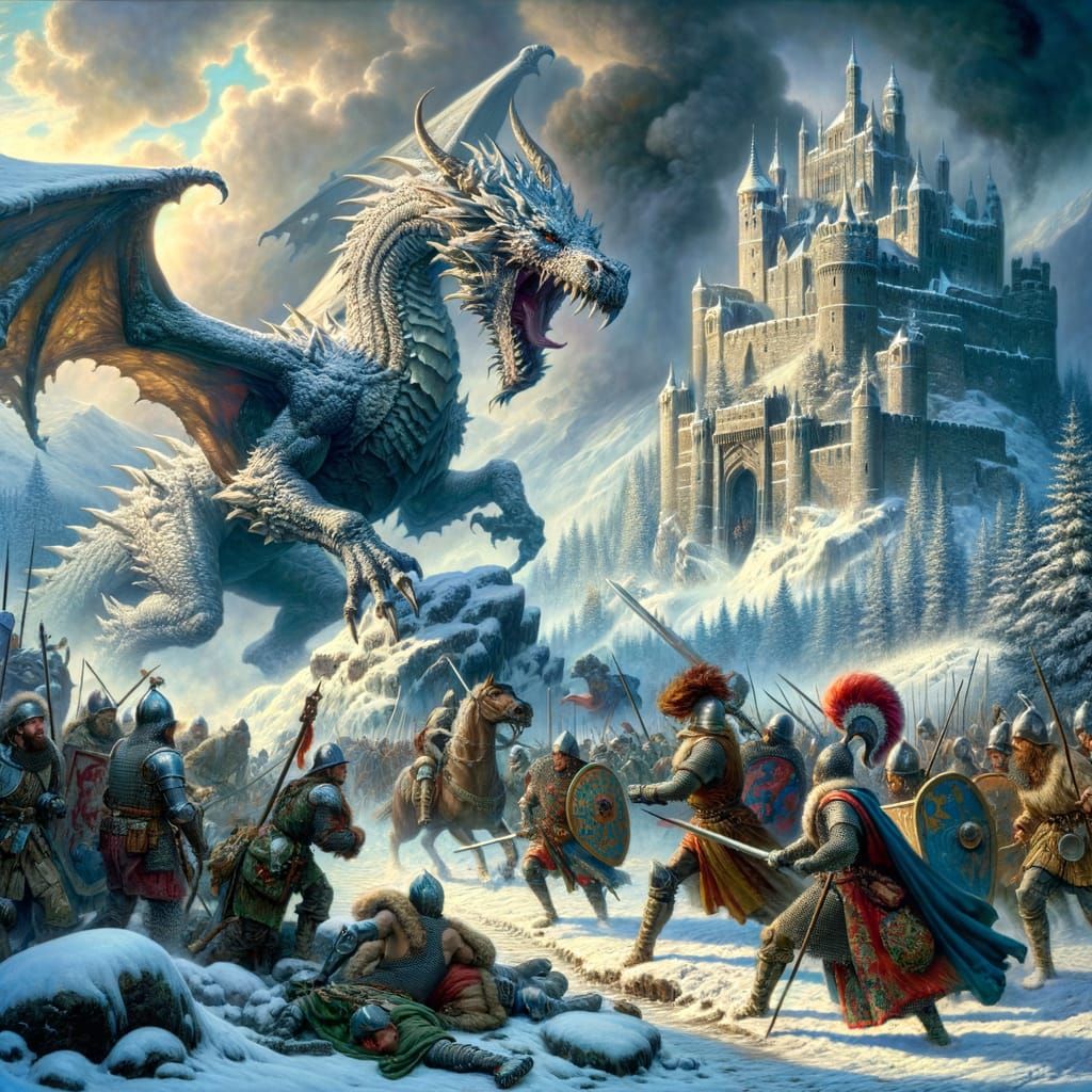 Medieval Soldiers Clash with a Gigantic Dragon in a Snowy La...