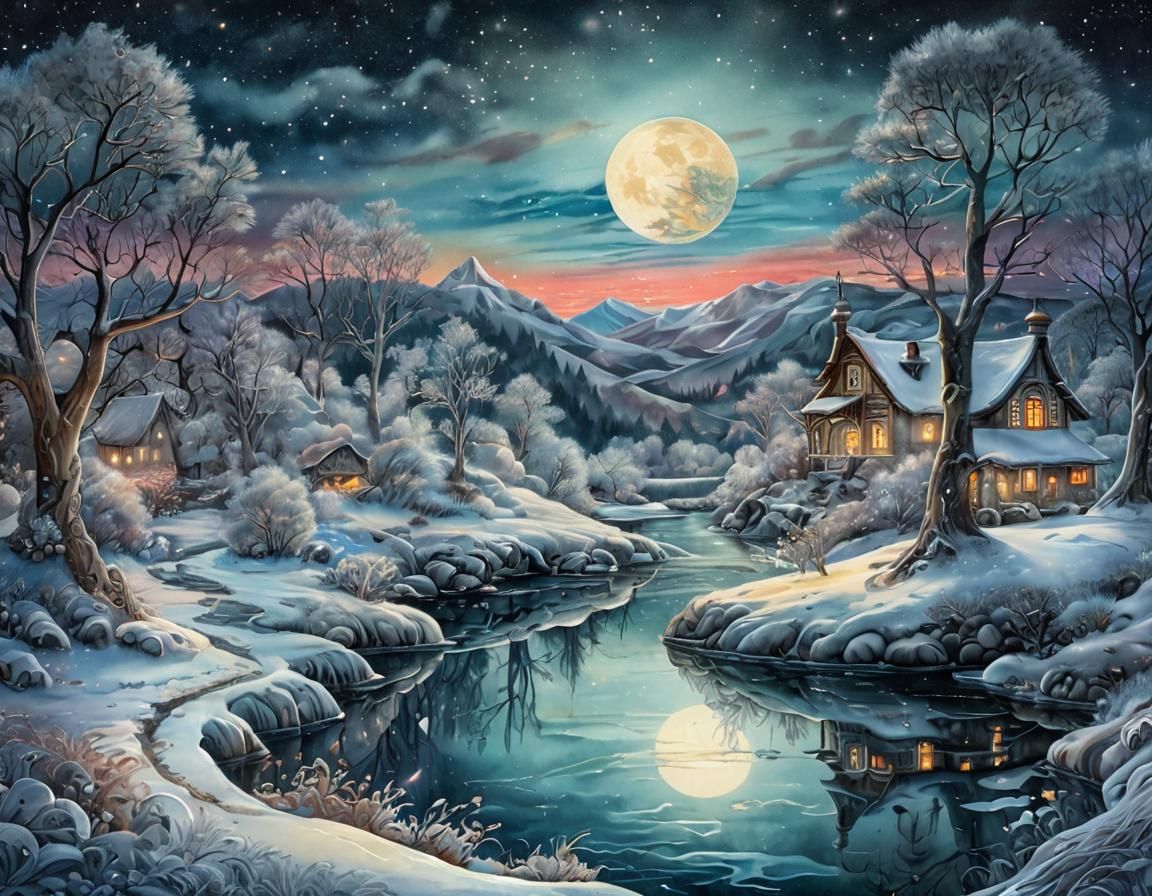 Winter Moon Over Icy Stream in Watercolor Style
