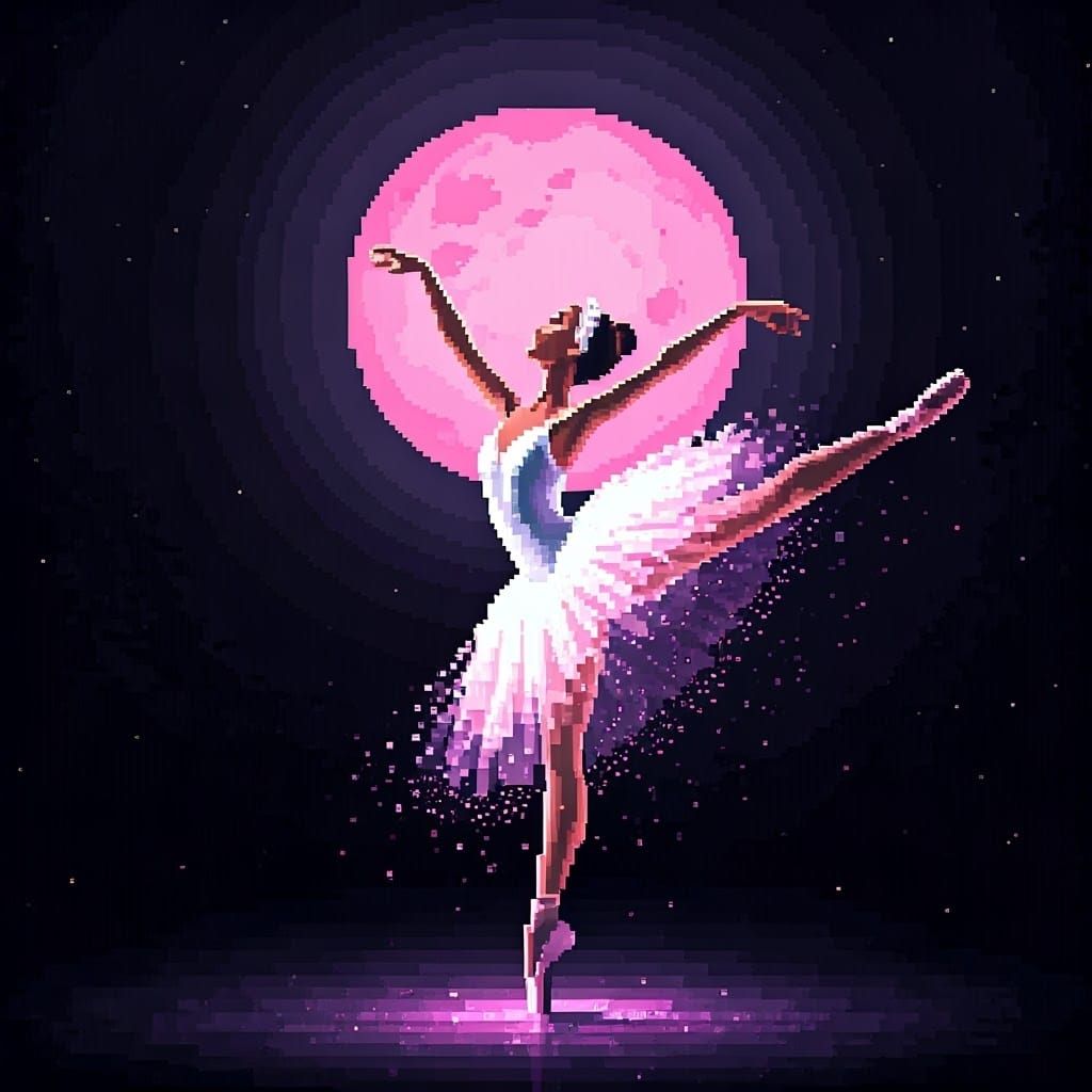 Pixel Art Ballerina Dancing Under Pink Moon