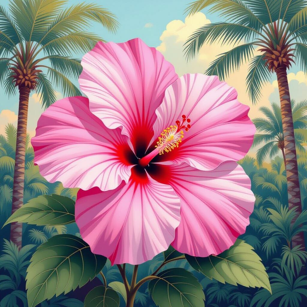 Pink Hibiscus in Moroccan Garden, Art Nouveau Style