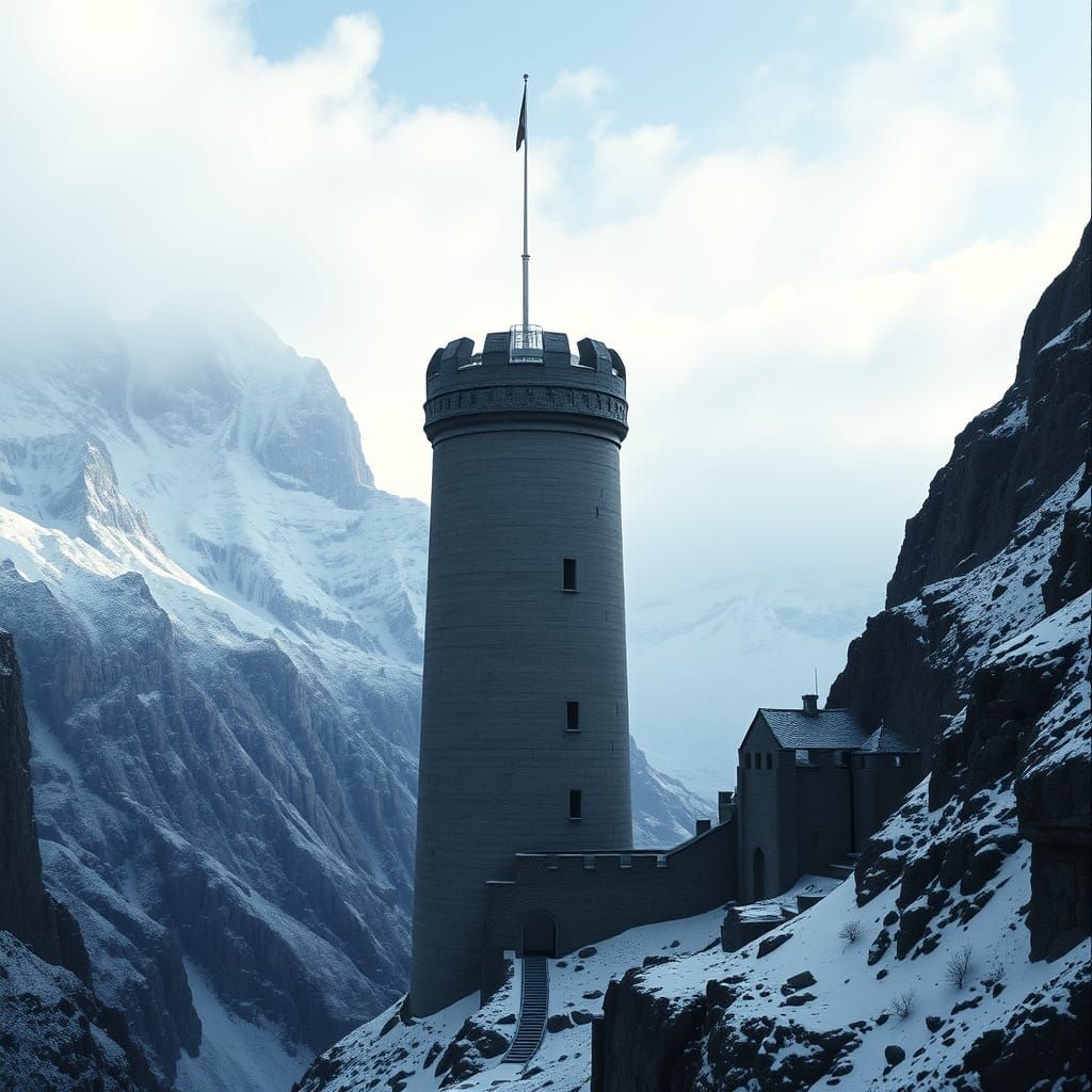 Cinematic Watchtower Amidst Snowy Peaks