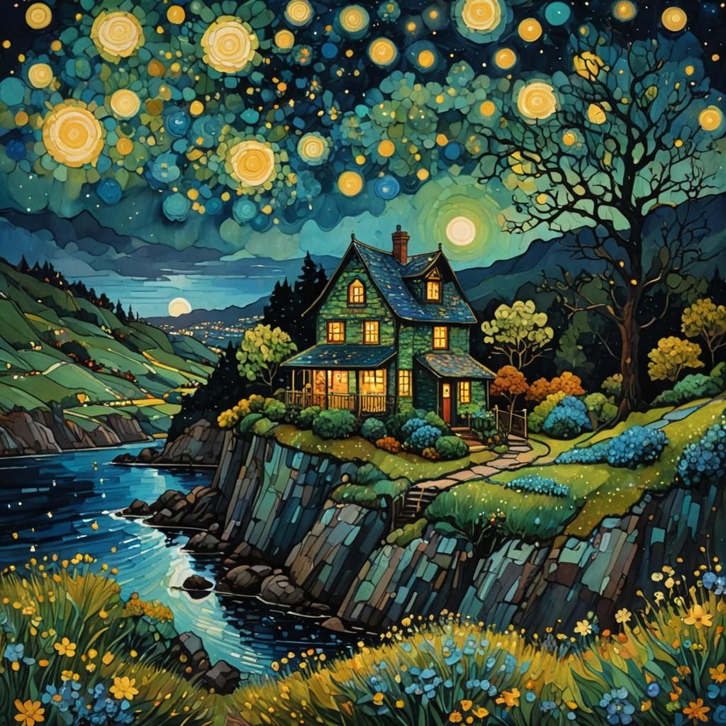 Charming Cottage in Starry Night Sky, Impasto Gouache
